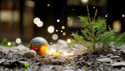 Colorful Christmas Ornament on Ground Surrounded by Sparkling Lights and Greenery in Natural Setting