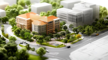 Architectural Model of Modern Building with Green Spaces and Urban Landscape in City Park Setting