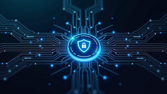 Futuristic digital cybersecurity interface with glowing shield icon, network connections, and secure data protection technology concept