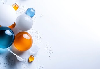 Colorful Glass Spheres on White Background with Droplets and Reflections for Creative and Abstract Design Use