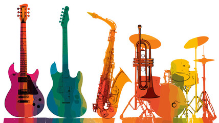 Colorful musical instruments design featuring guitars, saxophone, trumpet and drums ideal for jazz posters and band advertising.