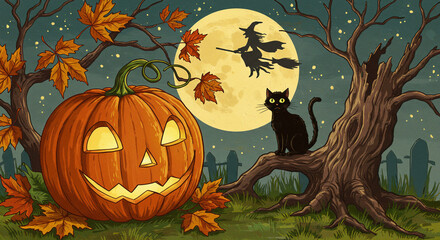 Vintage Halloween postcard with pumpkin, witch, full moon and black cat