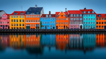 Obraz premium Nyhavn Harbor Copenhagen Denmark Vibrant Colorful Facades Street-Level Shot Reflections Calm Canal Water Travel Photography