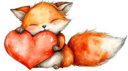 Cute fox hugging a heart, sticker-style clipart on a white background
