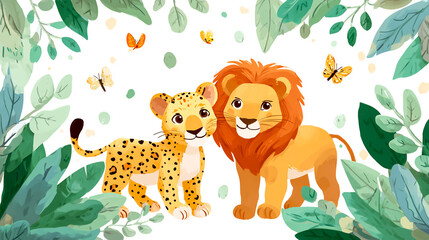 Cute leopard and lion in the jungle with green leaves, butterflies flying around