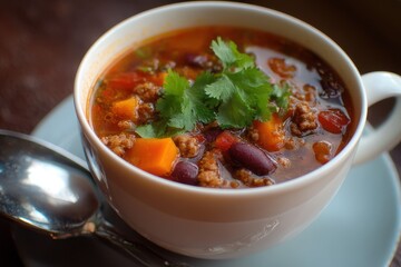 Savory sweet potato soup featuring kidney beans ground meat and vegetables Gluten free and low in fat