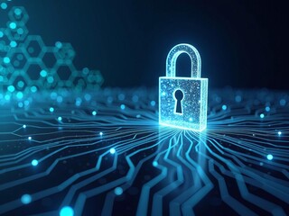 Futuristic digital padlock glowing over network circuit board symbolizing data security, cyber protection, and online privacy in technology
