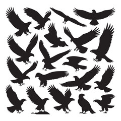 Collection of black eagle silhouettes in various flying and perched poses against a white background