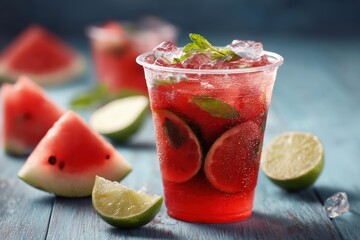 Chilled watermelon citrus sangria in a to go plastic cup A revitalizing summer beverage Fresh red watermelon mojito