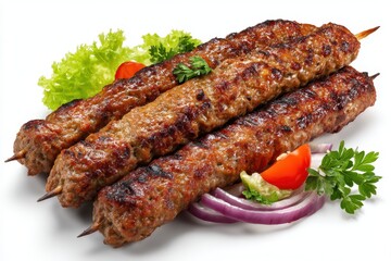 Traditional Turkish and Arabic kebab on a white background featuring grilled minced meat