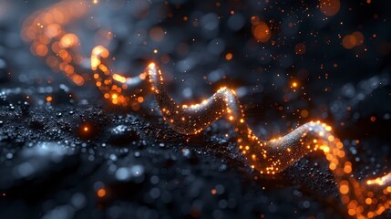 Glowing, winding tendril on textured dark surface. Bokeh spots highlight the path, creating depth