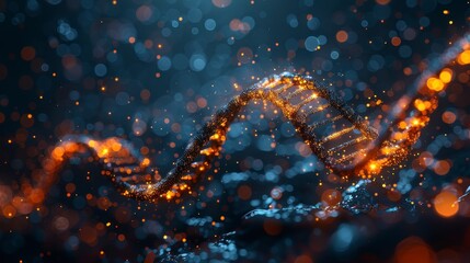Glowing DNA double helix with floating particles, blue background and orange lights