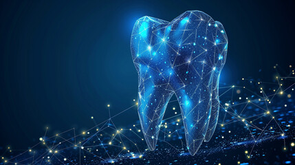 Abstract, digital tooth graphic, glowing and interconnected, showing dental health technology.