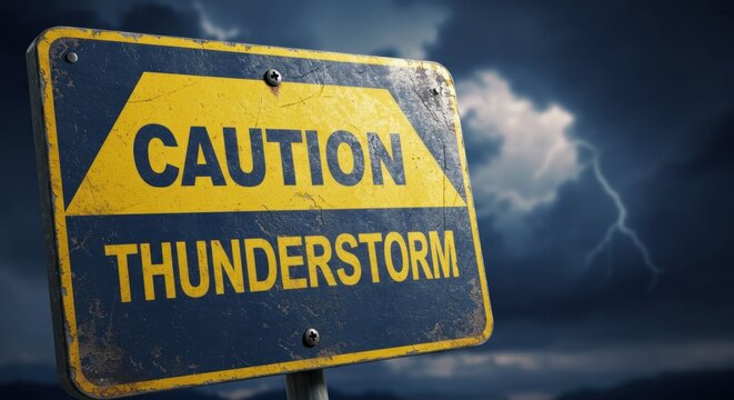 A weathered caution sign warns of an impending thunderstorm.