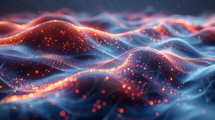 Abstract digital wave form with glowing particles.