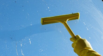 A hand in a yellow glove uses a yellow squeegee to clean a window against a clear blue sky.