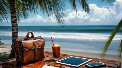 Beachside workspace with coffee and tech - Powered by Adobe