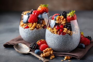 Fototapeta premium Nutritious morning meal or snack featuring chia pudding granola fruits and berries focusing on vegetarian diet and wellness