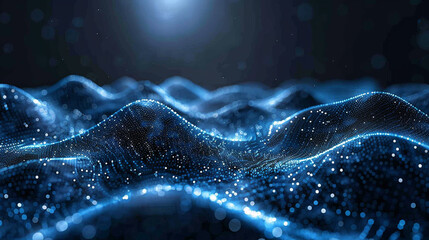 Abstract digital wave landscape with glowing particles.