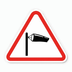 Retro-Modern Halftone Triangular Wind Warning Sign with Red Border, White Background, and Black Windsock Silhouette