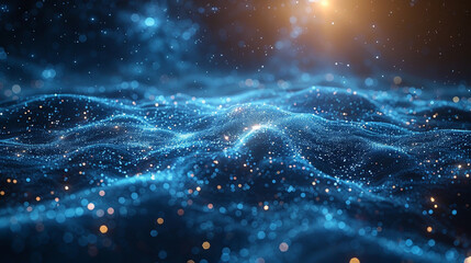 Abstract digital wave of particles, glowing blue and gold.