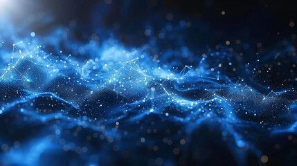 Abstract digital wave patterns, with glowing blue particles and interconnected lines, creating a dynamic and futuristic effect.
