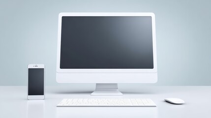 Fototapeta premium Clean Desk Setup: Computer, Phone, Keyboard - technology background