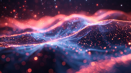 Abstract digital wave patterns with glowing particles.