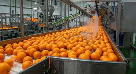 Oranges moving along a conveyor belt in a food processing plant, being washed with water spray.
