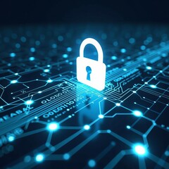 Secure digital data protection concept with glowing padlock icon on futuristic circuitry background symbolizing cybersecurity and privacy