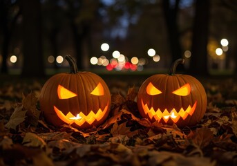 Two glowing jack o'lanterns sit among autumn leaves with blurred background lights.