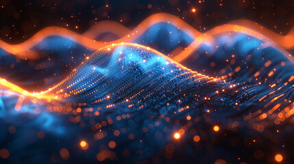 Abstract digital waves of shimmering particles with warm and cool tones.