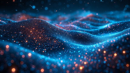 Abstract digital waves of glowing particles.