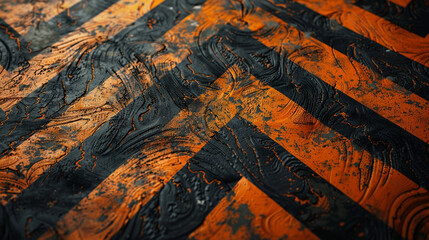 Abstract distressed orange and black diagonal stripes.
