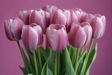 Fototapeta premium Beautiful pink tulips, blooming with grace, stand out against the solid pink background. It's perfect for Valentine's, Mother's Day, or adding a touch of spring.