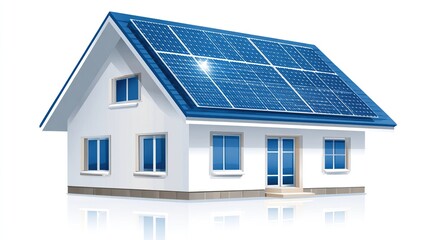 Modern home with solar panels, white facade, blue roof on clean white backdrop