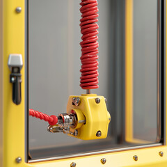 Closeup of a claw crane machine with a red coil cable and yellow body on a gray background. Concept of arcade game. 3D