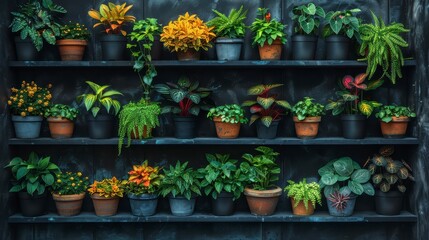 Shelved potted plants variety of greens and vibrant colors against a dark backdrop, three rows
