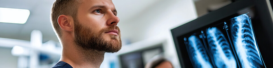 Obraz premium Man Reviewing Chest X-Ray on Monitor