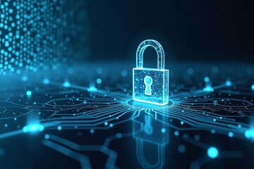 Futuristic glowing padlock symbolizing cybersecurity and data protection in a digital network environment with advanced technology