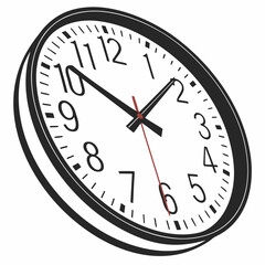 Analog clock face with black hands and red second hand time numbers