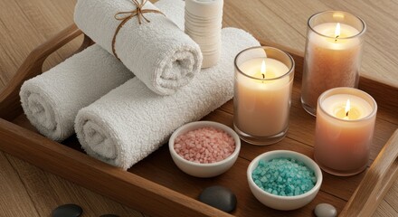 Spa arrangement on a wooden tray featuring rolled towels, candles, and small jars filled with colorful bath salts.