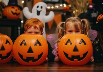 Happy children with jack-o'-lanterns are ready for Halloween fun, with spooky decorations.