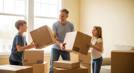 Happy Father and Children Working Together Packing Moving Boxes for a New Home Adventure