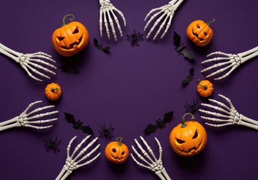 A spooky Halloween arrangement featuring pumpkins, skeleton hands, bats and spiders.