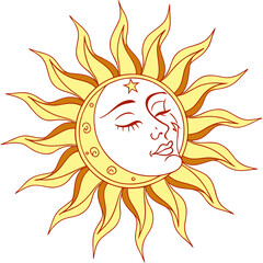 Celestial sun face with crescent moon and star vector