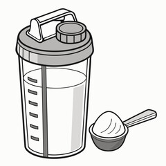 Clear shaker bottle with grey lid and scoop of powder protein powder clear plastic