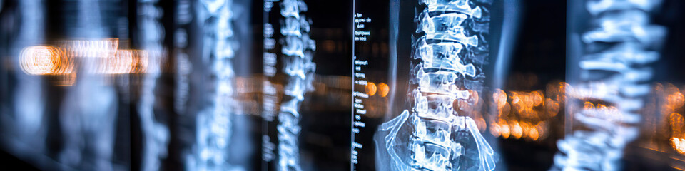 Series of Spinal X-rays Displayed on Screen with Bokeh Background