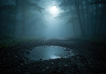 A foggy forest path with a puddle reflecting the mysterious night.