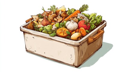 Container filled with food scraps, vegetable peels, and organic kitchen waste for compost